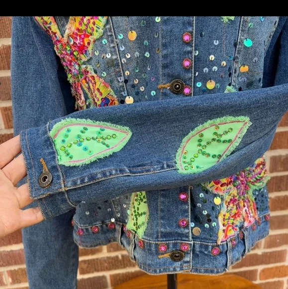 Berek Dimen Blue and Green Jean Jacket with Dinosaur Embellishments - Picture 12 of 13